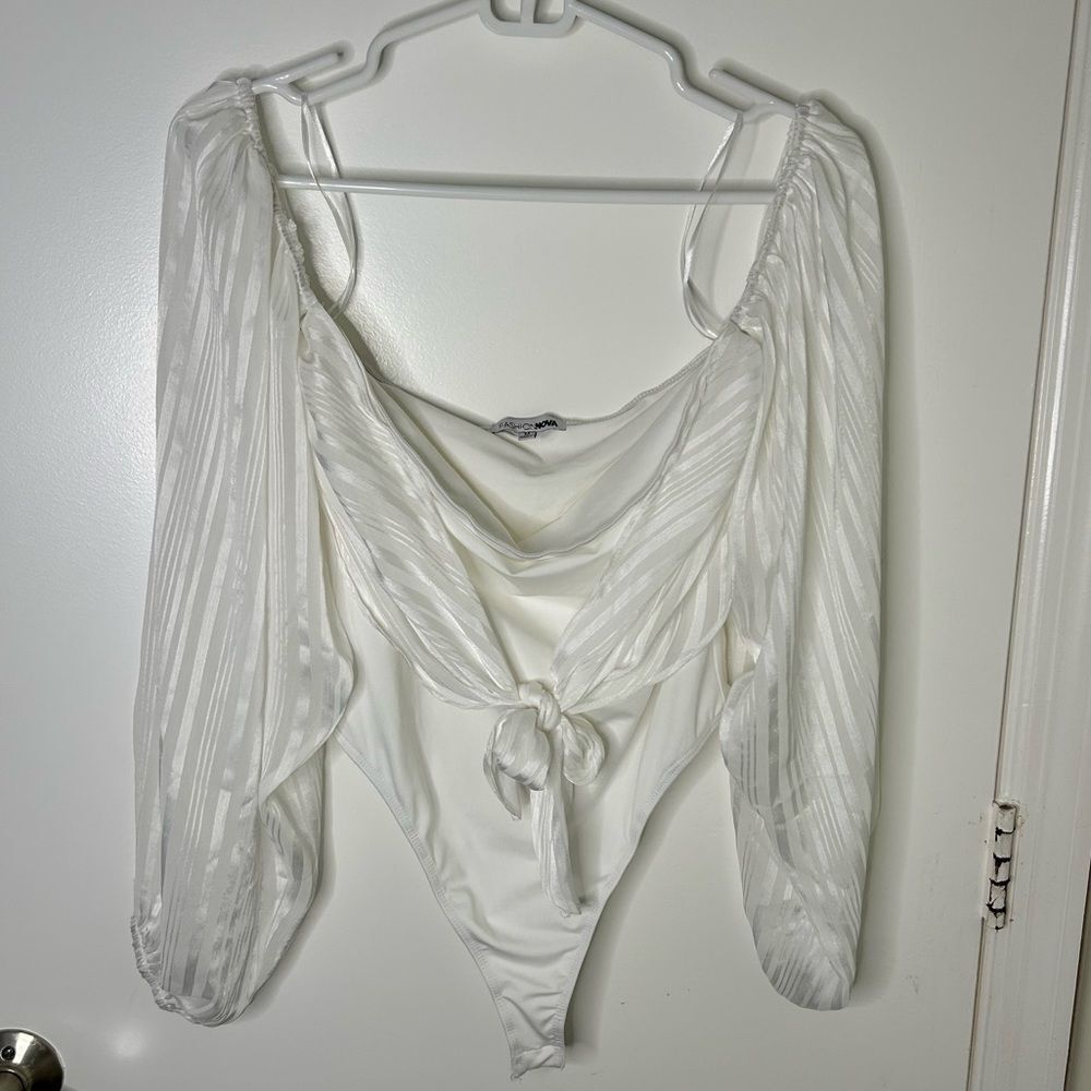 Fashion Nova | White off the shoulder long sleeve wrap tie bodysuit | medium